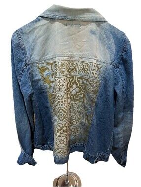 BandolinoBlu XL Denim Jacket Gold Foil Tile Print Y2K Boho Trucker Jean Jacket